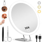 JJhxr 30X Magnifying Mirror with Lights, 6inch Makeup Magnified Mirror 30X Lighted Travel Magnification with 3 Suction Cups and 360° Adjustable Stand- Includes Tweezers & Scissors