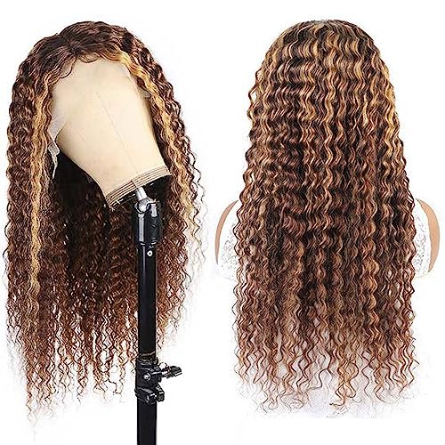 Ombre Highlight Deep Wave Lace Front Wigs Human Hair 4/27 Color 13x4 Curly Lace Front Wigs for Black Women 180% Density Human Hair wigs Pre Plucked with Baby Hair (4/27 Deep Wave Wig,18 Inch)