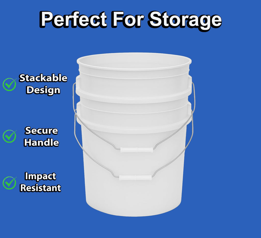 MKS Plastics 5-Gallon Bucket Only – No Lid Included, Made in USA, Food Grade BPA Free Plastic, Heavy Duty Multi-Use, Metal Handle with Grip, Stackable Storage – White, 6 Pack