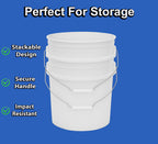 MKS Plastics 5-Gallon Bucket Only – No Lid Included, Made in USA, Food Grade BPA Free Plastic, Heavy Duty Multi-Use, Metal Handle with Grip, Stackable Storage – White, 6 Pack