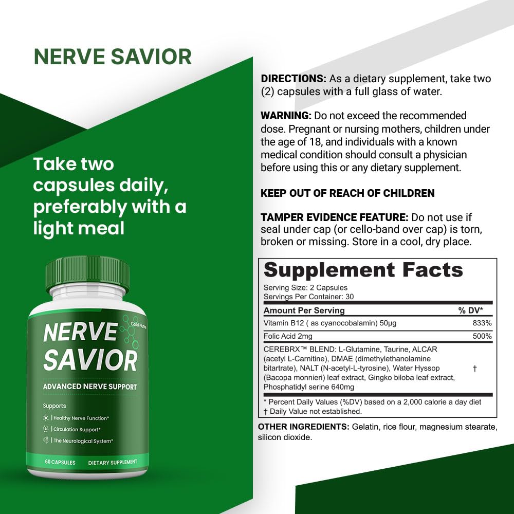 (5 Pack) NerveSavior Supplement Pills, Nerve Savior All Natural Brain and Cognitive Supplement Pills