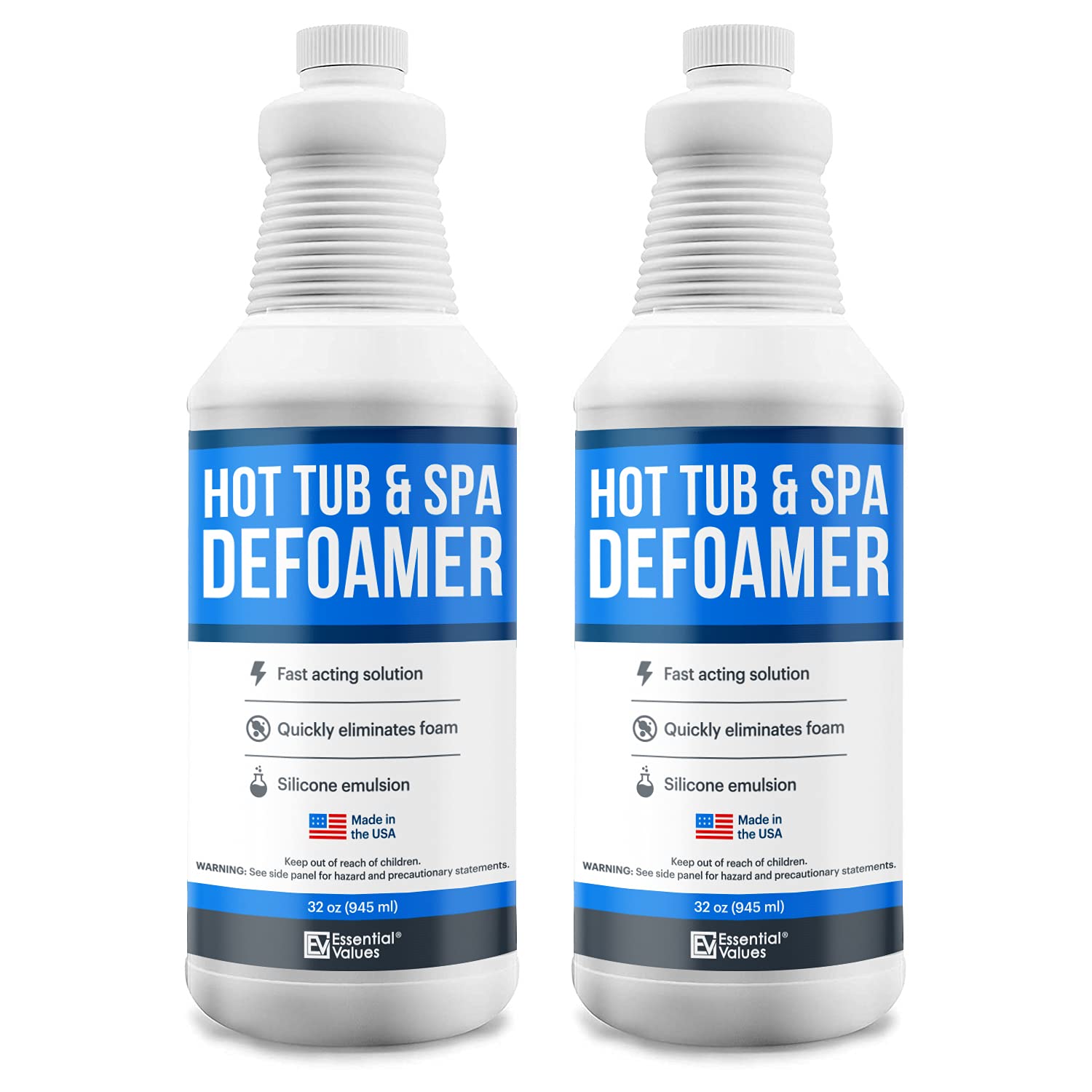 Essential Values Hot Tub Foam Eliminator - 2 Pack Pool & Spa Defoamer (32oz/ Bottles) - Eliminate Foam Without Harsh Hot Tub Chemicals - Safe Silicone AntiFoam