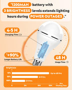 BoRccdit KeepLit 6 Pack Emergency Rechargeable Light Bulbs, 48H Long Lasting & 3 Brightness Power Outage Light,12W 3000K Battery Backup Emergency Light Bulbs for Home Power Failure Hurricane