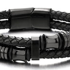 Men's Black Braided Leather Bracelet with Stainless Steel Accents Double-Layer Design Durable Biker Punk Style Wristband Modern Minimalist Fashion Jewelry for Men