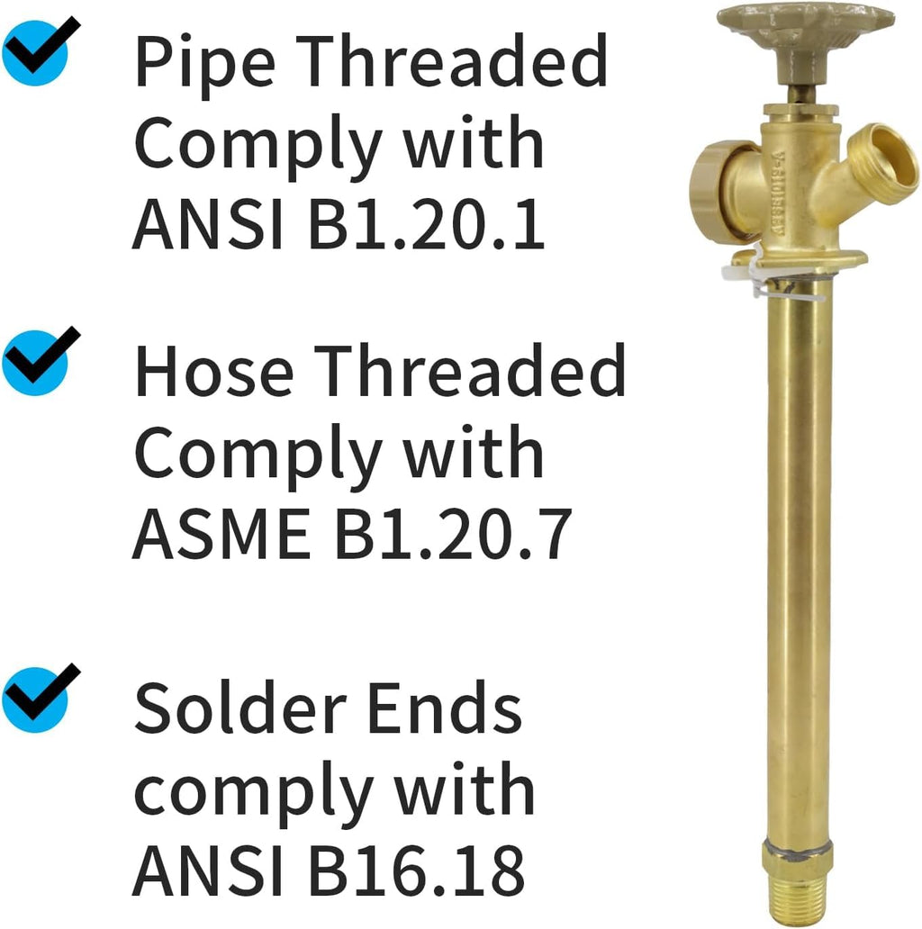 12 Inch Anti-Siphon Frost Free Sillcock Valve Multiturn 1/2 Inch NPT, 3/4 Inch Hose Bibb, Brass Body,Brass Valve 12 inch Length