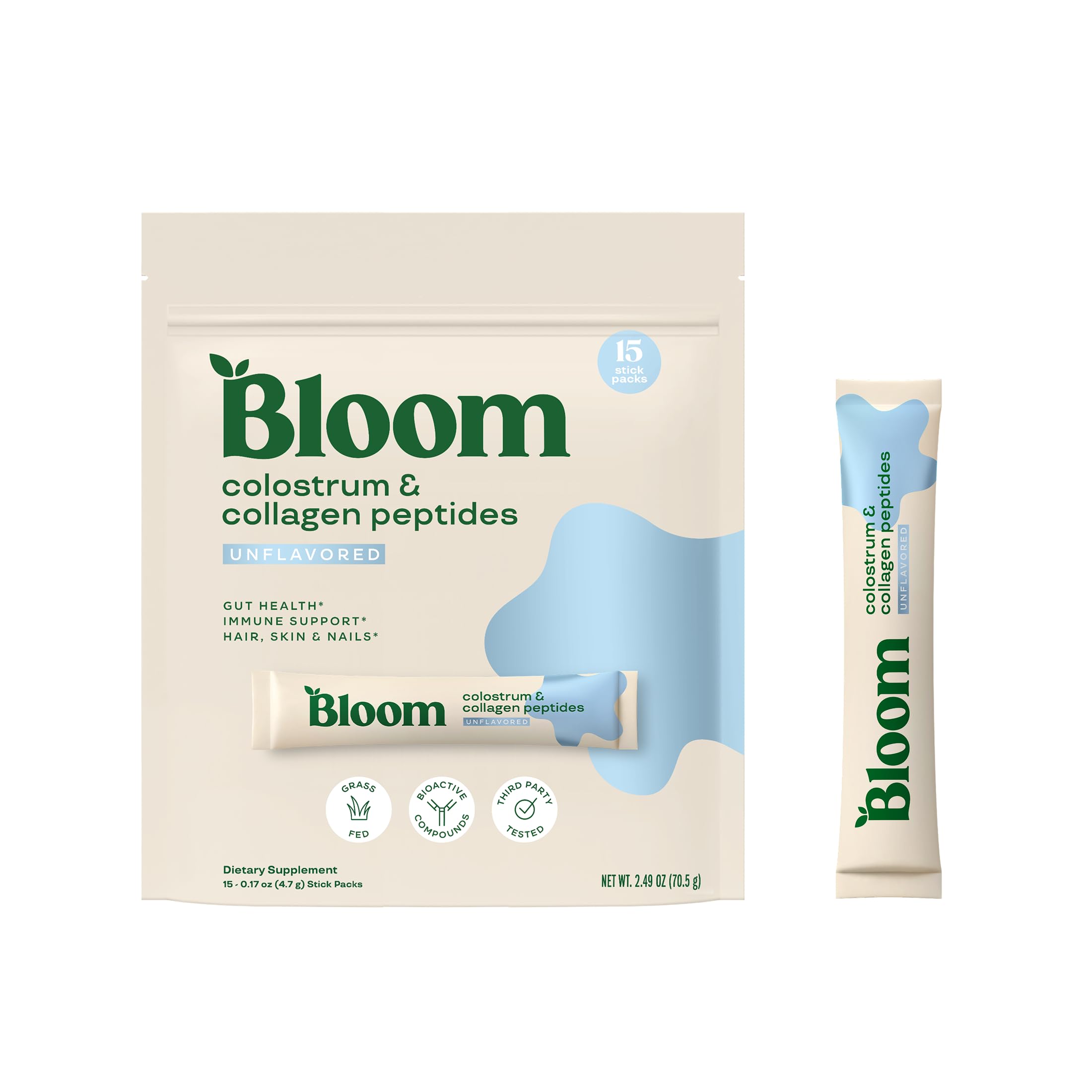 Bloom Nutrition Bovine Colostrum Powder Packet, Gut Health, Immune Support, Hair Growth & Beauty Supplement, Gluten Free, Sugar Free | Unflavored, 15 Servings