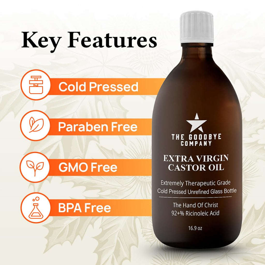 The Goodbye Company Organic Castor Oil – 100% Pure Extra Virgin, Cold-Pressed & Unrefined – Hexane-Free – Nourishing Oil for Healthy Skin, Hair Growth & Eyelashes (250mL)