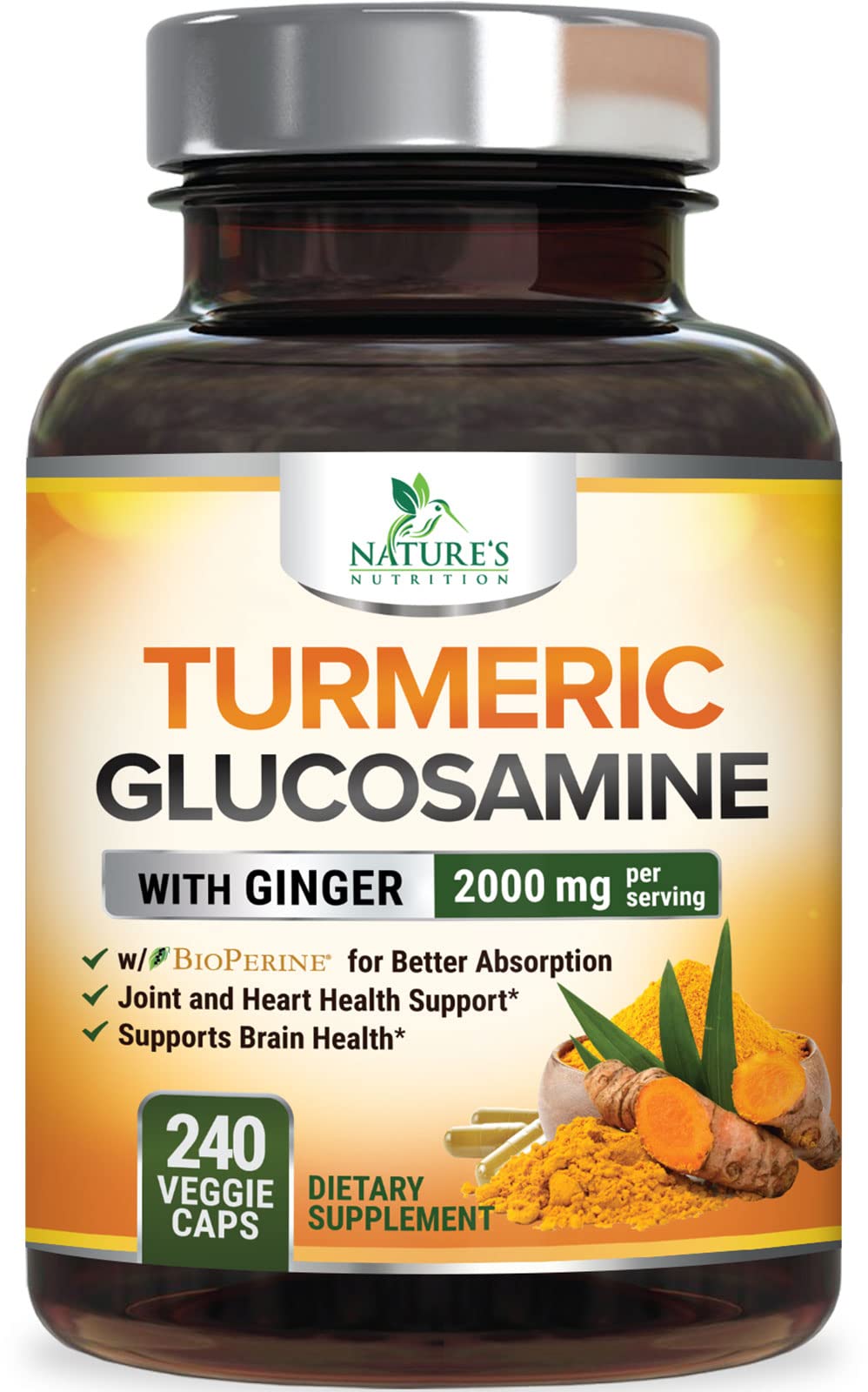 Turmeric Curcumin Supplement 2000mg - 95% Curcuminoids with Glucosamine, Ginger & MSM, BioPerine Black Pepper for Best Absorption, Nature's Vegan Joint Support, Non-GMO, Bottled in USA - 240 Capsules