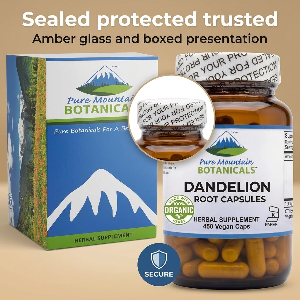 Pure Mountain Botanicals Dandelion Root Capsules - 450mg Organic Supplement - 90 Kosher Vegan Non-GMO Dandelion Pills