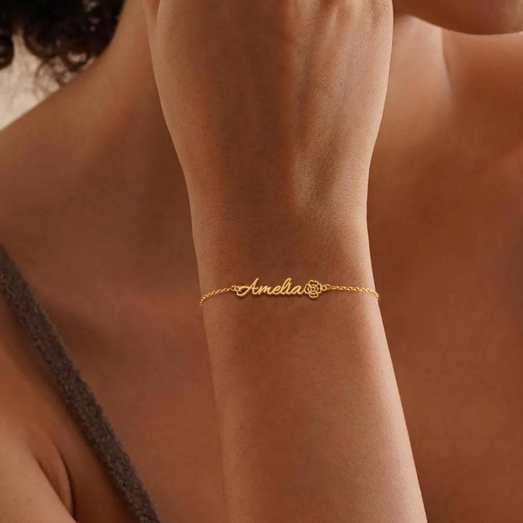 Elemtansy Custom Bracelet with Name and Birth Flower, Personalized Name Bracelets for Women, 18K Gold Plated Adjustable Charm Bracelet Personalized Birthday Gifts for Sister Mom