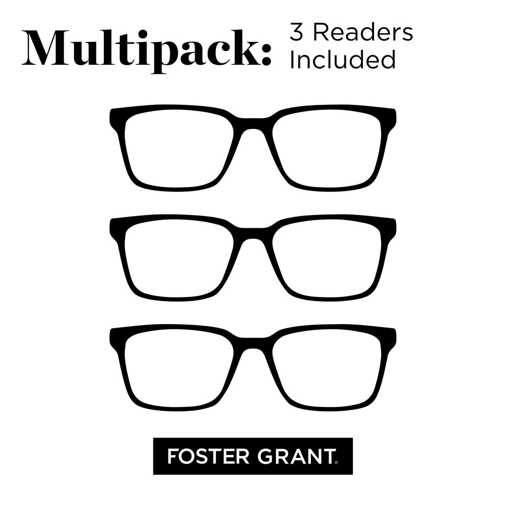 Foster Grant Men's Pete Rectangular Reading Glasses, Black and Brown, 3 Pack, 2x