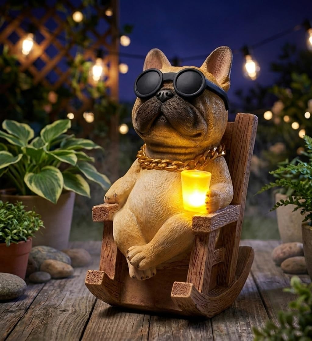 Solar French Bulldog Garden Statue Decor, Funny Frenchie Gifts, Fawn