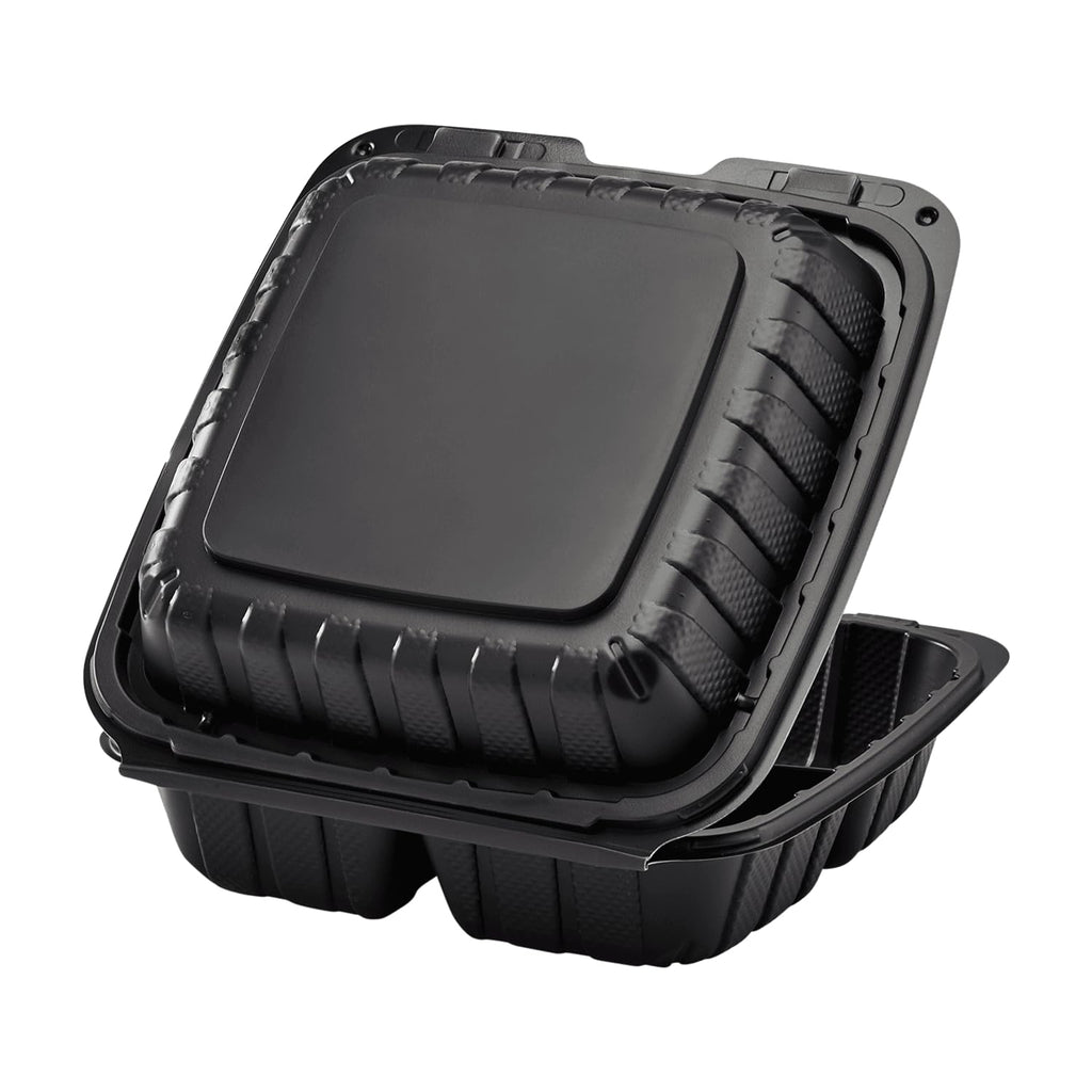 KARAT EARTH Clamshell Take Out Food Containers [8"x8" - 200 ct] To Go Containers | 3 Compartment, Soak-Resistant, Durable, Stackable | Vented for Hot/Cold Foods, Black