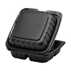 KARAT EARTH Clamshell Take Out Food Containers [8"x8" - 200 ct] To Go Containers | 3 Compartment, Soak-Resistant, Durable, Stackable | Vented for Hot/Cold Foods, Black