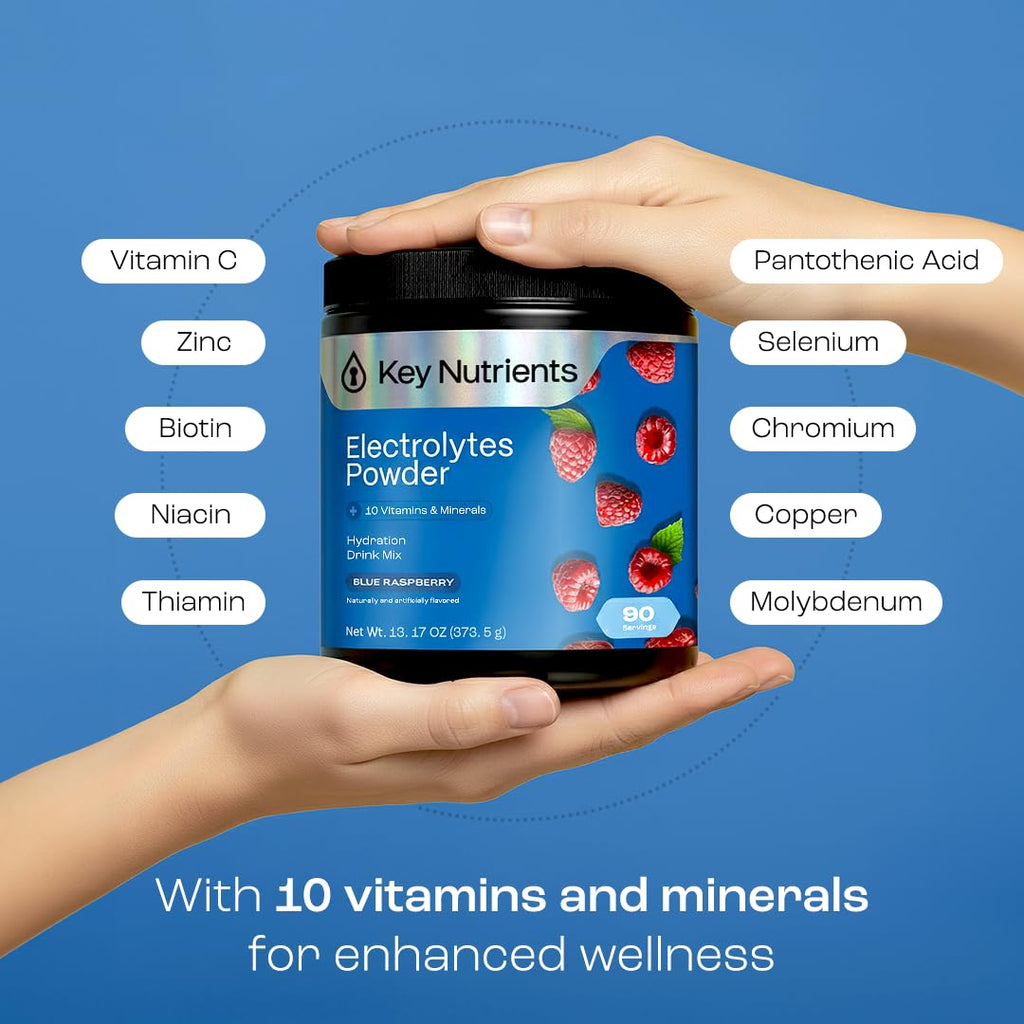KEY NUTRIENTS Multivitamin Electrolytes Powder No Sugar - Sweet Blue Raspberry Electrolyte Powder - Endurance & Energy Supplement - Hydration Powder - No Calories - 90 Servings - Made in USA