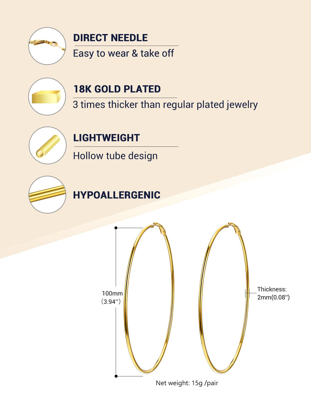 18K Gold Plated Hoop Earrings for Women Statement Jewelry Circle Round Earrings