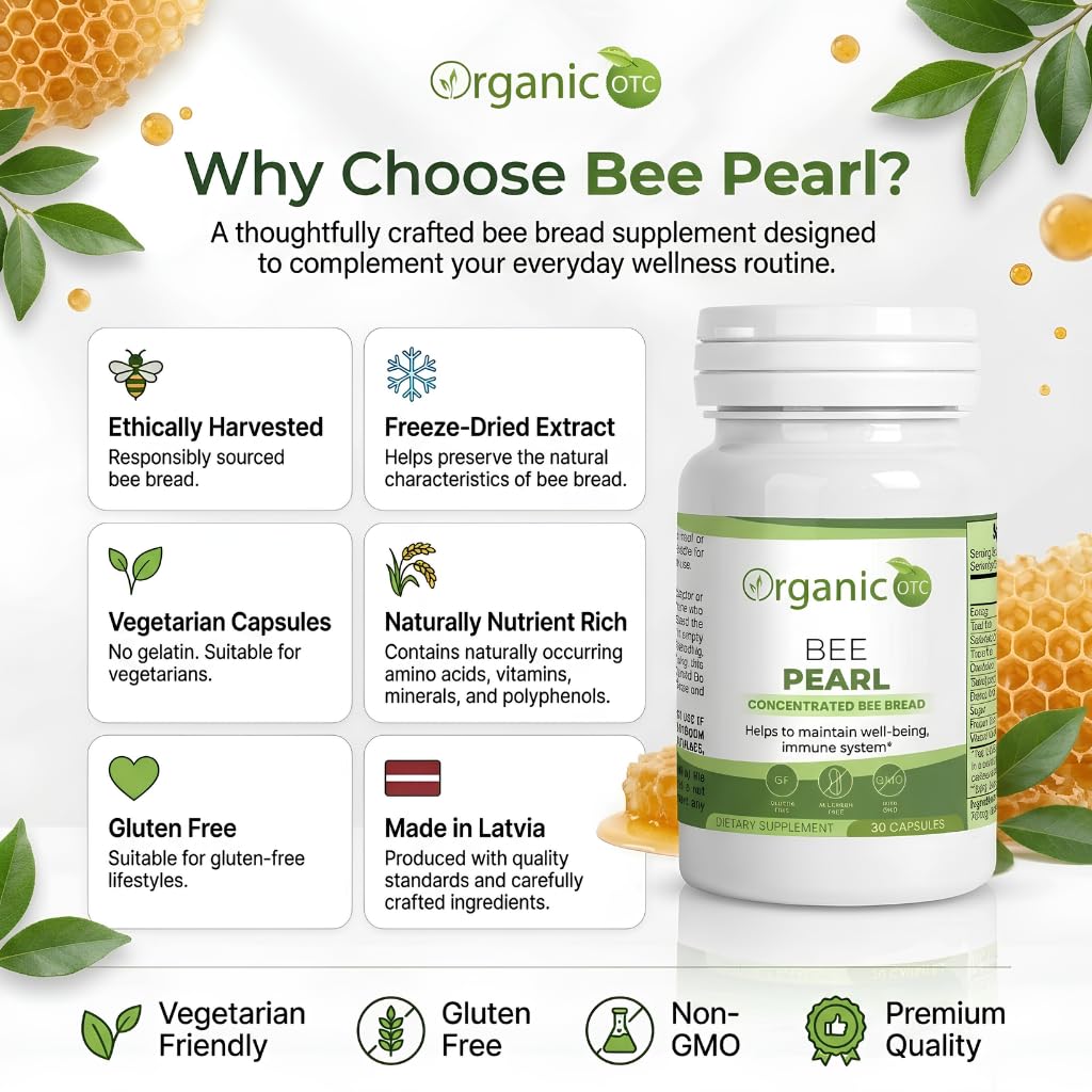 Bee Pearl Bee Bread Supplement - 700mg Freeze-Dried B.ee Bread Extract with Vitamin C, Naturally Fermented Pollen, Premium Vegetarian Capsules, Gluten Free - 30 Capsules