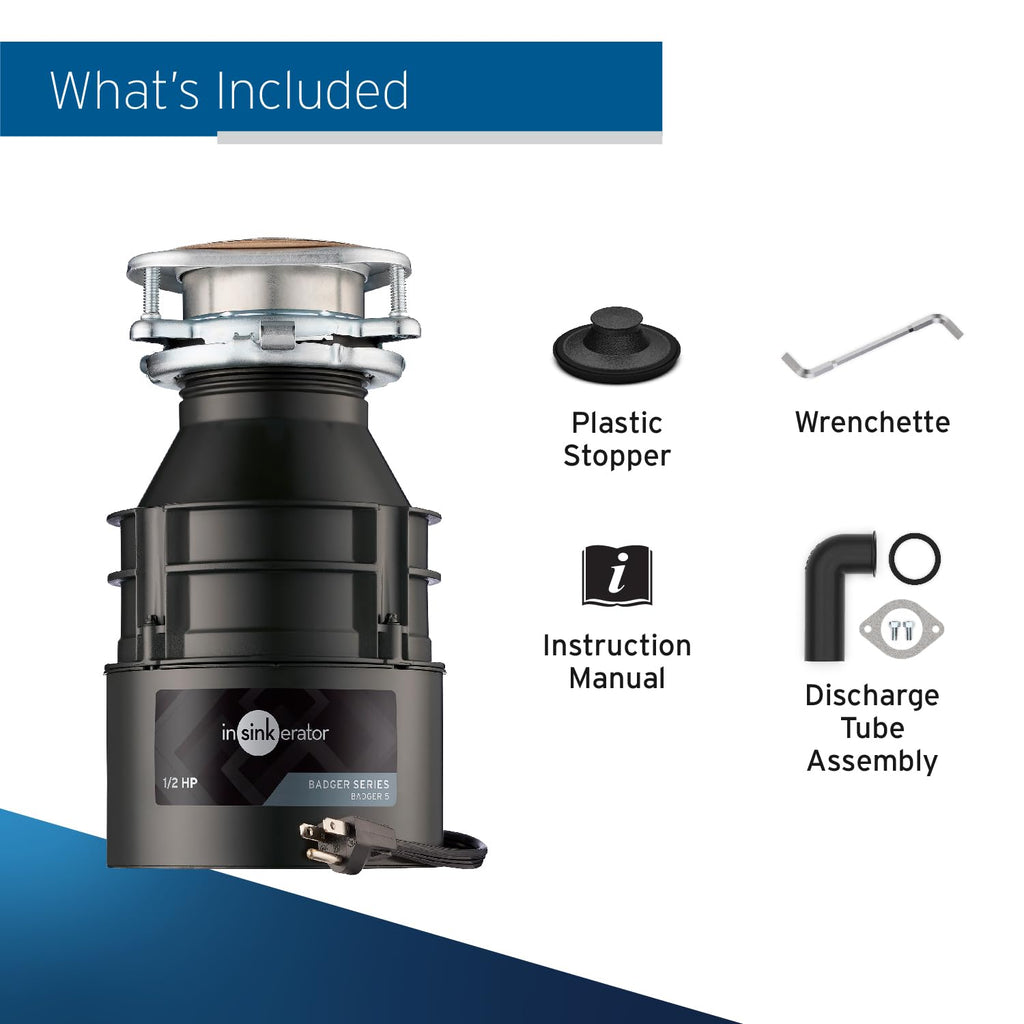 InSinkErator Badger 5 Garbage Disposal with Power Cord, Standard Series 1/2 HP Continuous Feed Food Waste Disposer, Badger 5 W/C, No Size, Black/Gray