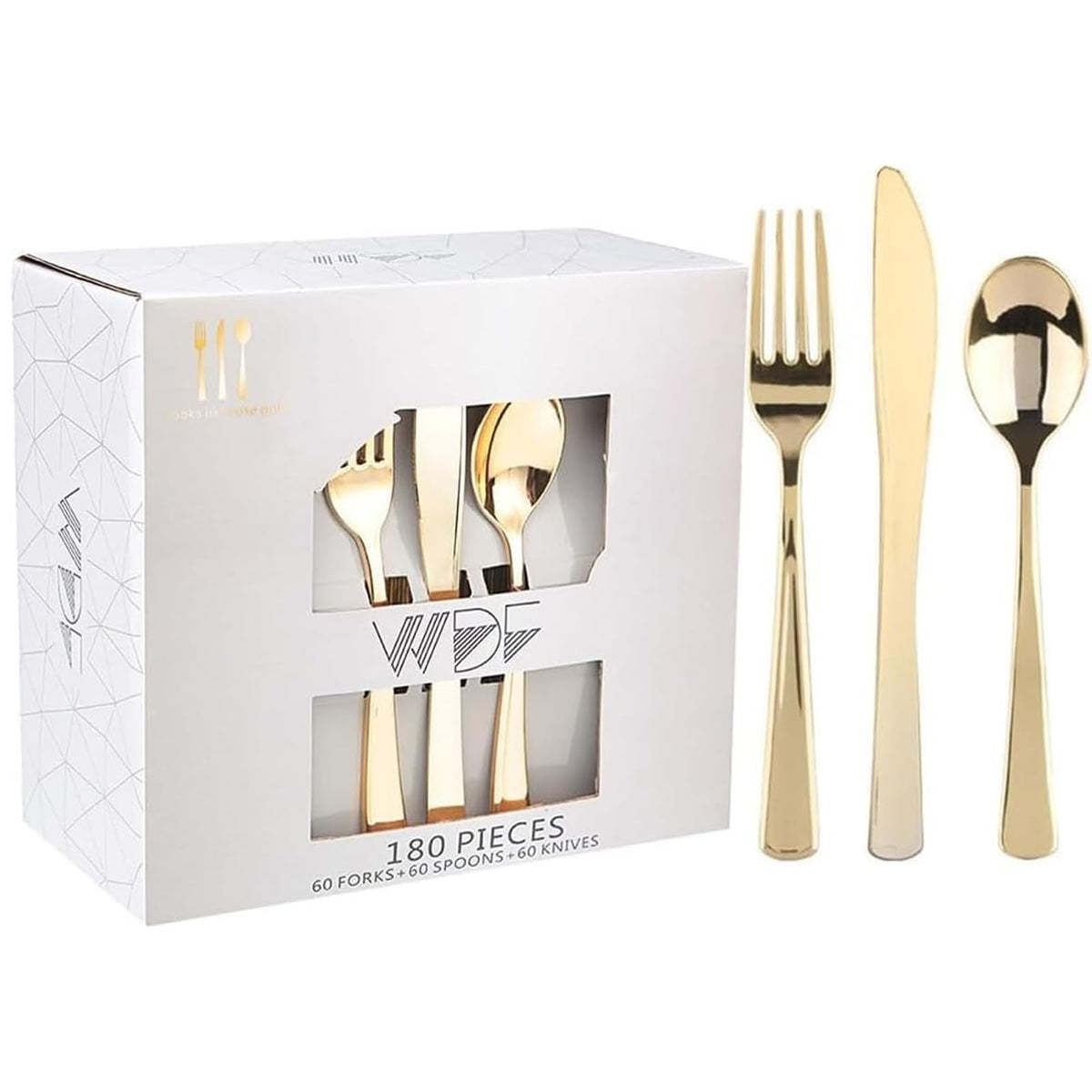 WDF 180 Count Gold Plastic Silverware Set - Heavy Duty Disposable Cutlery (60 Forks, 60 Knives, 60 Spoons) - BPA-Free Gold Flatware for Wedding/Fall Party/Baby Shower/Thanksgiving/Christmas