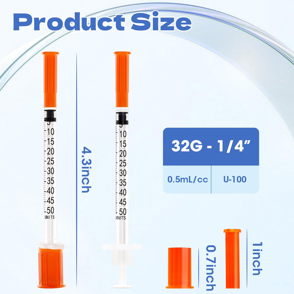 U-100 0.5ml Syringes 32G 1/4"（6mm）, Lab Supplies, Individually Wrapped, Pack of 100