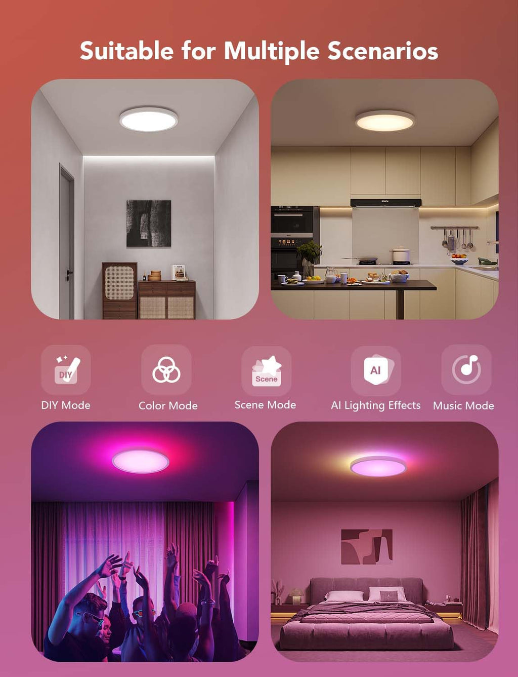 Govee Smart Ceiling Light, RGBIC LED Ceiling Light Fixture, 2400LM Flush Mount Light Fixture, DIY Colors, Works with Alexa, 2200K-6500K Lights for Bedroom, Living Room,12 Inch, 1 Pack (White)