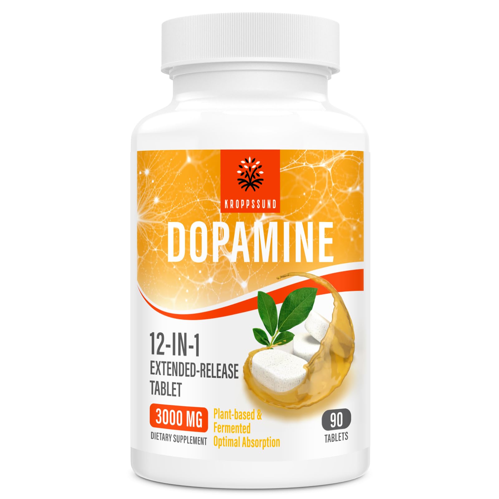Kroppssund Dopamine Supplements with L-Theanine & Ashwagandha, 12-in-1 Extended Release Formula, 3000mg Per Serving, 90 Tablets (1 Bottle)