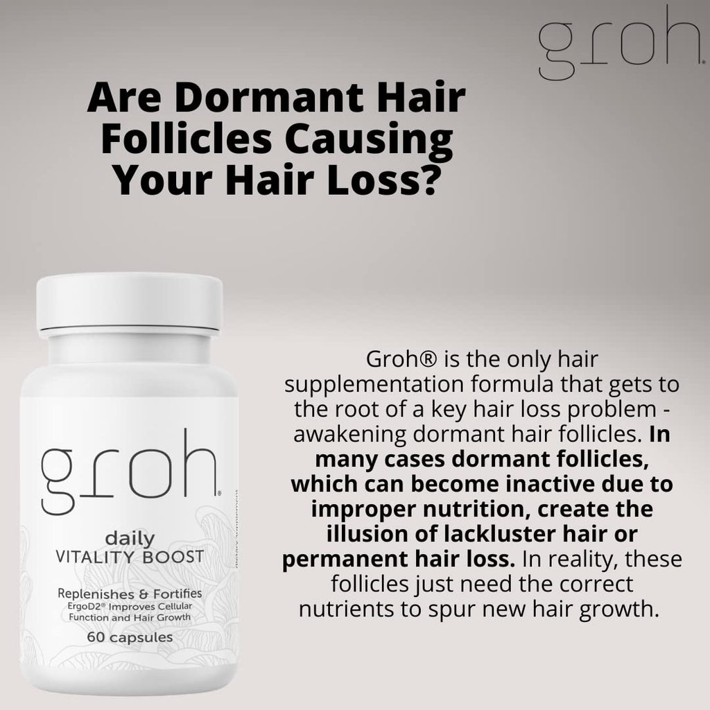Groh Daily Vitality Boost - All Natural Hair Growth Supplement powered by ErgoD2 - Rich in Antioxidants - Vitamins for Stronger Hair, Skin & Nails- Best Choice for Thinning Hair - 60 Count