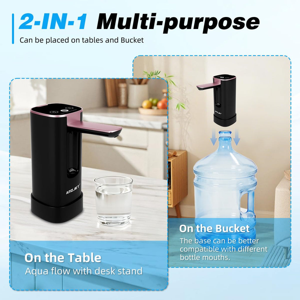 Water Dispenser for 5 Gallon Bottle with Digital Display, 4 Dispense Modes, Portable USB Charging Electric Water Pump, Foldable Spout, Food-Grade Water Jug Pump for Home, Office, RV, Campin-Rose Gold