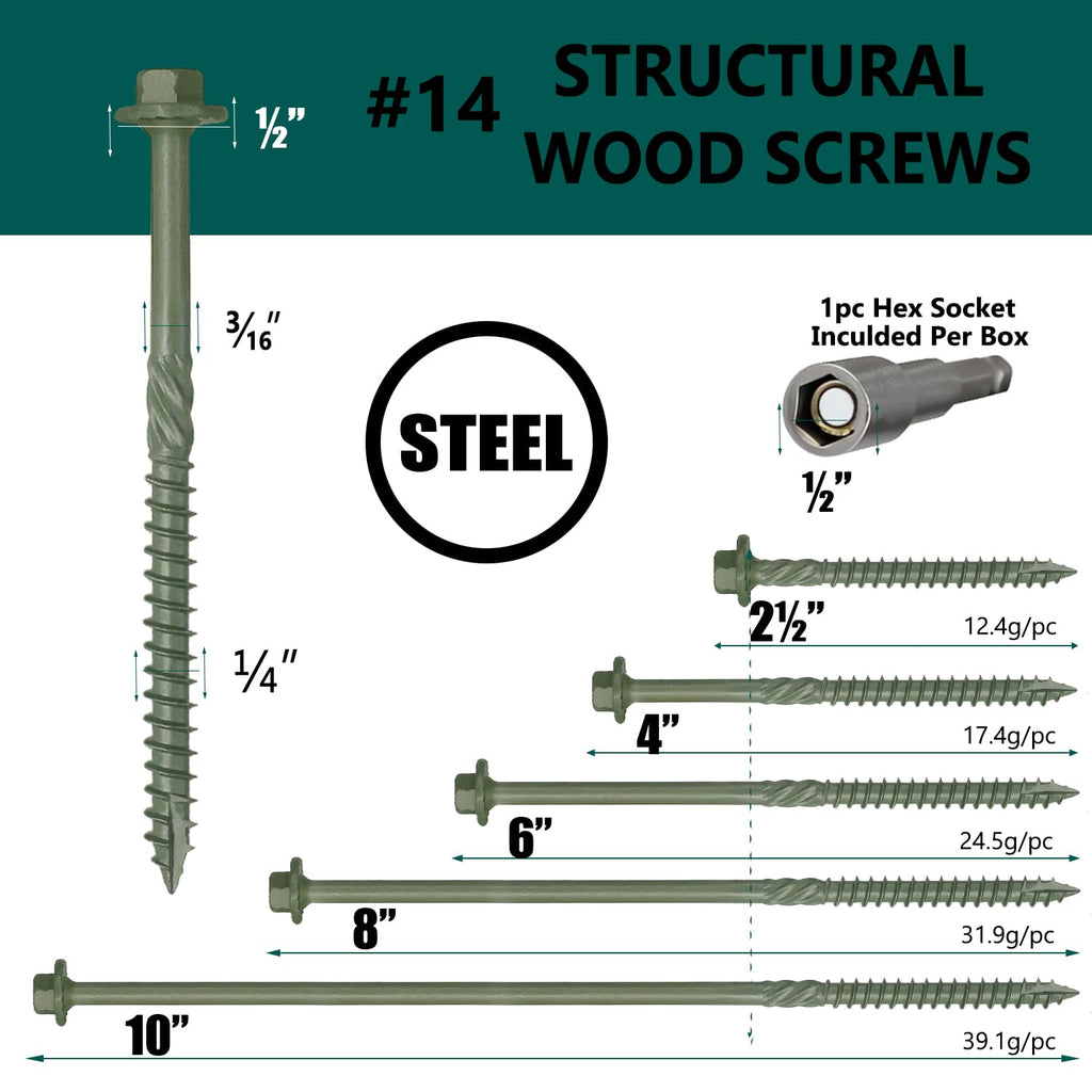 80PCS Timber Screws #14 X 10 Inch Heavy-Duty Green Coated, Exterior Lag Structural Wood Screws for Landscaping, Construction, Beams & Pole Barns, 1500-Hour Salt Spray Tested, Includes Hex Socket