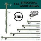 80PCS Timber Screws #14 X 10 Inch Heavy-Duty Green Coated, Exterior Lag Structural Wood Screws for Landscaping, Construction, Beams & Pole Barns, 1500-Hour Salt Spray Tested, Includes Hex Socket