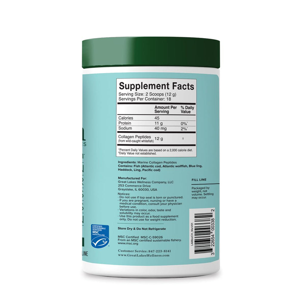 Great Lakes Wellness Sustainable Marine Collagen Peptides - Wild Caught MSC Certified - Unflavored Hydrolyzed Protein Powder - Support for Skin, Hair, Nails, Joints & Digestion - iGen Non-GMO - 8 oz