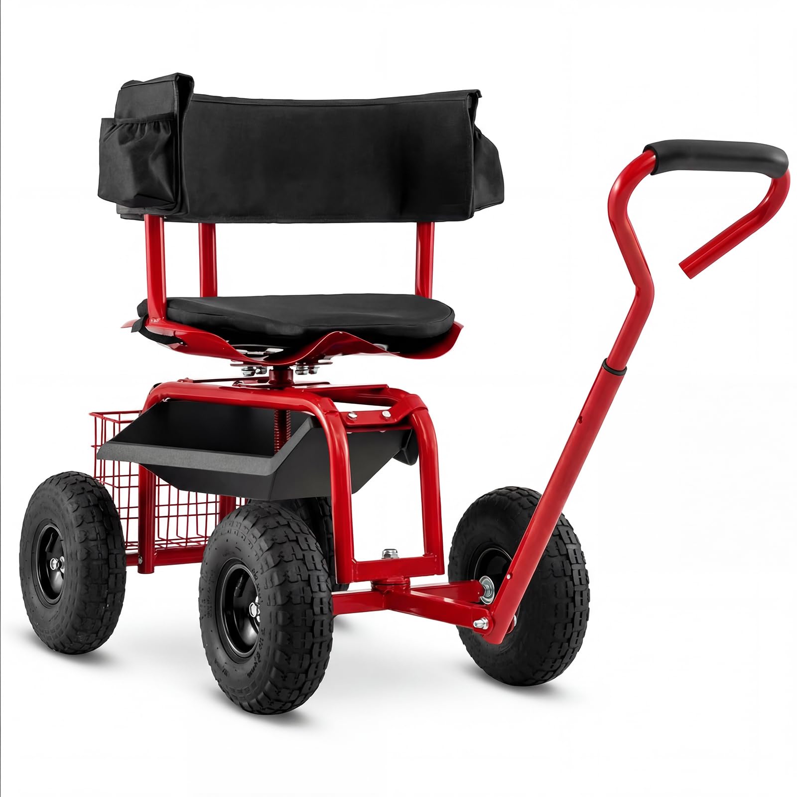 Goplus Garden Seat with Wheels, Rolling Gardening Stool with Adjustable 360° Swivel Seat, Tool Tray & Storage Basket, Extendable Handle, Outdoor Gardening Scooter, Garden Cart Workseat for Seniors