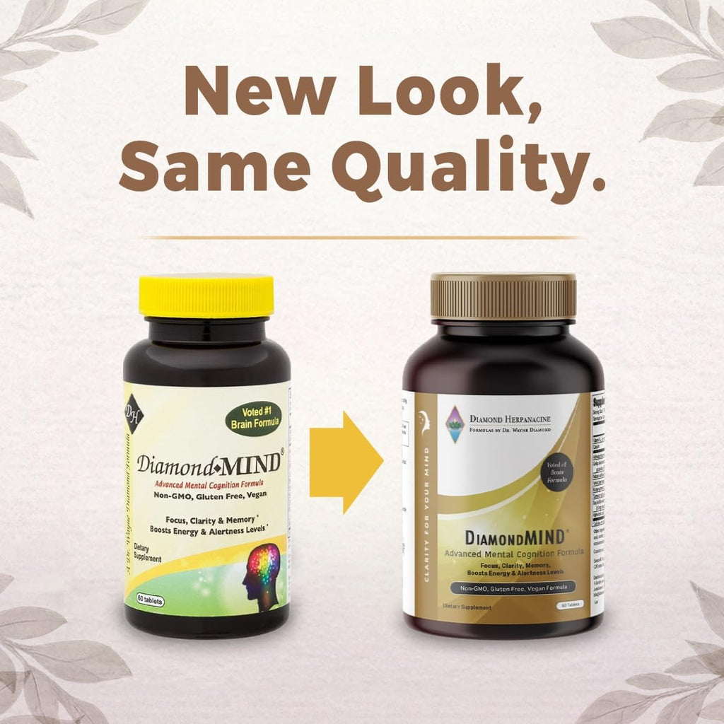 DiamondMIND Brain Support Supplement - Natural Formula for Mental Energy & Cognitive Function - Focus, Clarity, and Memory Supplement - Less Mental Stress - Vegan, Gluten-Free, Dairy-Free - (60 Count)