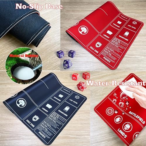 Card Game Playmats MTG Playmat for Beginner 2 Pack with Dices, Magic Mat Commander Deck Card Playmat for TCG MTG Accessories Play Mat 24x14 Inches Duel Card Battles, Black/Red