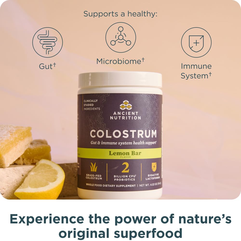 Ancient Nutrition Colostrum Superfood Powder, Grass Fed Bovine Colostrum, Supports Healthy Gut Microbiome and Immune System, Clinically Studied Lactoferrin & Probiotics, Lemon Bar, 60 Servings