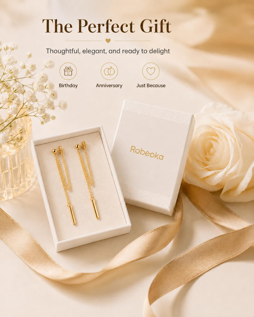 Dainty 18K Gold Plated Chain Earrings for Women - Long Threader Earring with Hypoallergenic Bar Drop Dangle Design, Elegant Line Dangly Jewelry Gift