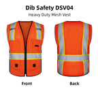 Dib Safety Reflective Vest Orange Mesh, High Visibility Vest with Pockets and Zipper, ANSI Class 2 Heavy Duty, Made with 3M Reflective Tape, M