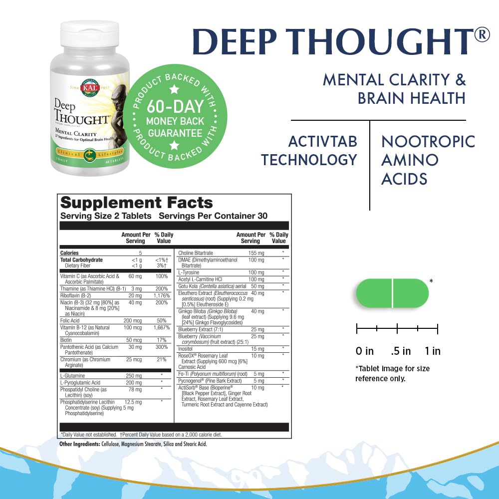 KAL Deep Thought - Nerve Function and Nervous System Health Support with Riboflavin (Vitamin B2) - DMEA, B Vitamins and Amino Acids Support for Women and Men - 30 Servings, 60 Tablets