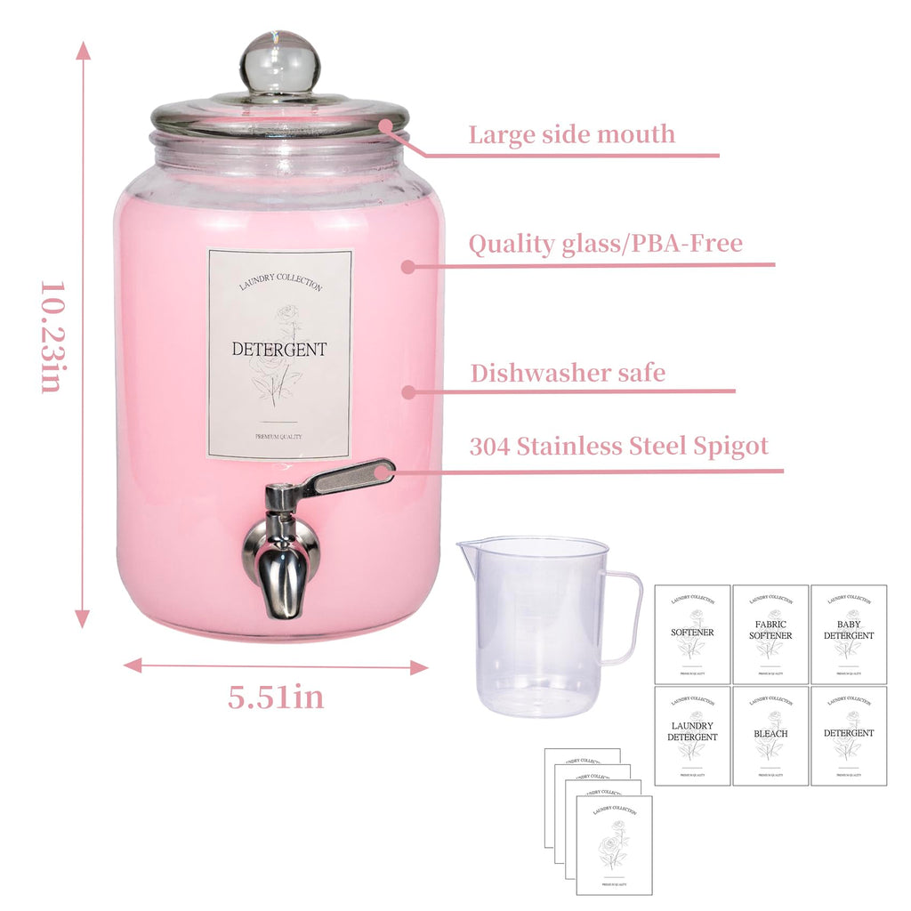 Large Liquid Laundry Detergent Dispenser with Spigots and Measuring Cups,108oz Leak-Proof Glass Fabric Softener,Reusable Glass Detergent Dispenser for Laundry Room Organizer and Storage(1)