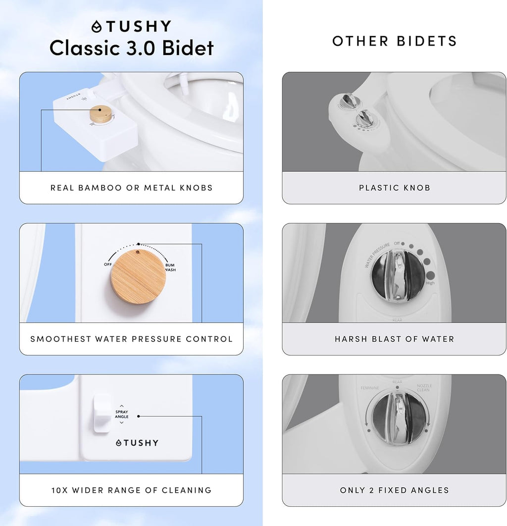 TUSHY Classic 3.0 Bidet Toilet Seat Attachment - a Non-Electric Self Cleaning Water Sprayer with Adjustable Water Pressure Nozzle, Angle Control & Easy Home Installation (Brushed Nickel)