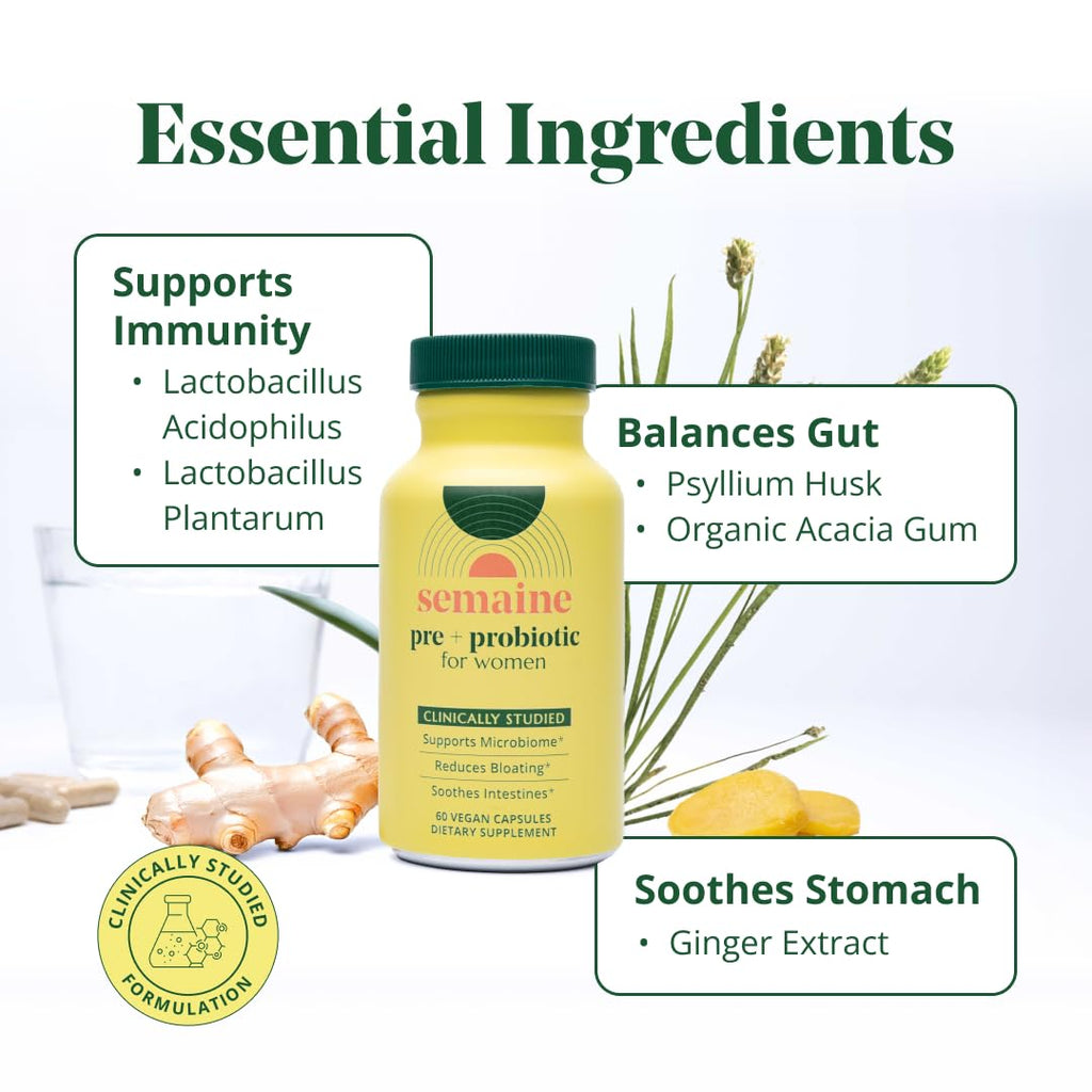 Semaine Super Powered Prebiotic + Probiotic for Women, Effective 3-in-1 Multi-Action Formula to Nourish Gut Health, Soothe IBS, Support Bloat Relief & Immunity Boost, Clinically-Studied (60 ct)