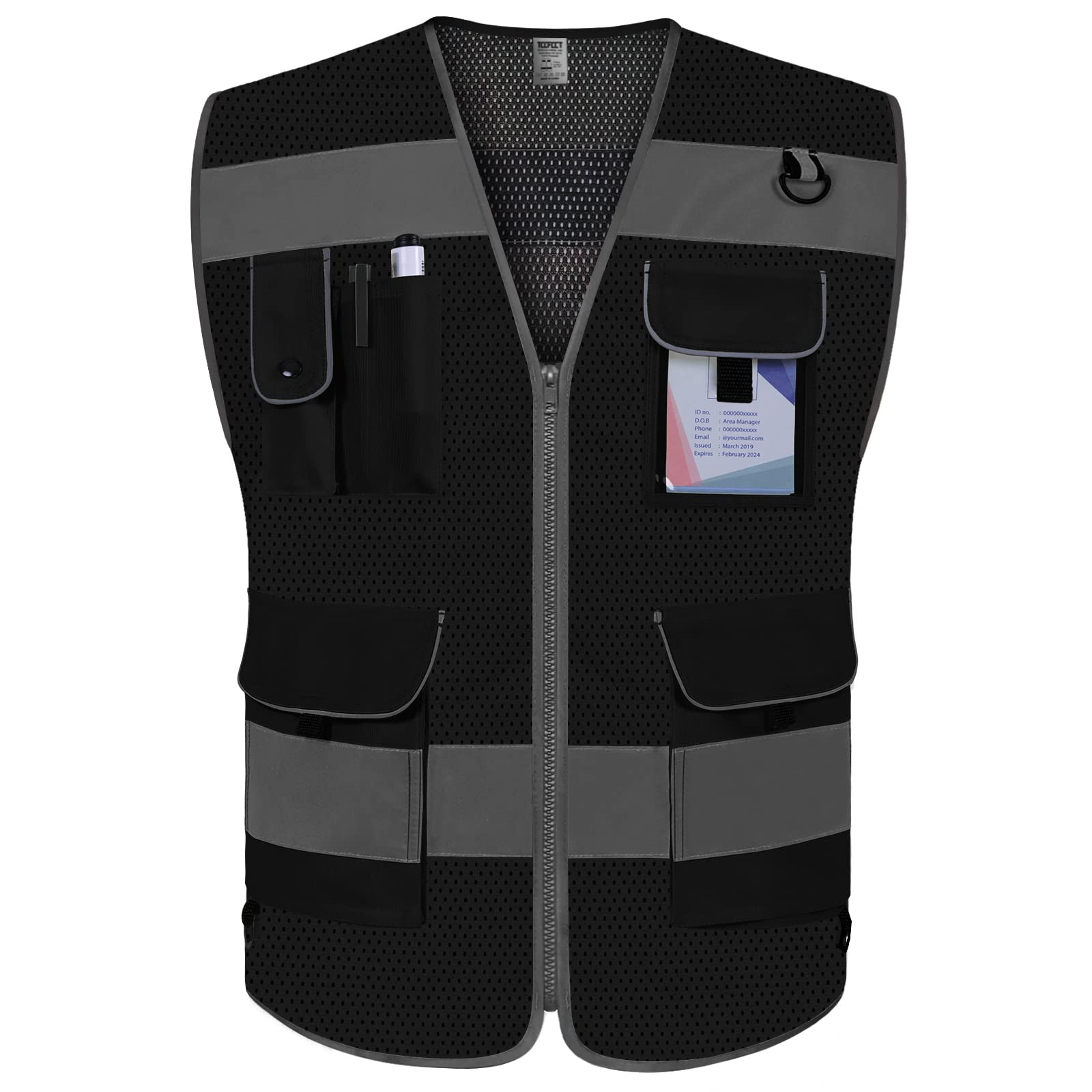 TCCFCCT Mesh High Visibility Safety Vest for Men Women 9 Pockets Hi Vis Reflective Vest for Safety, Work Vest with Reflective Strips, Meets ANSI/ISEA Standards, (Black, 4X-Large)