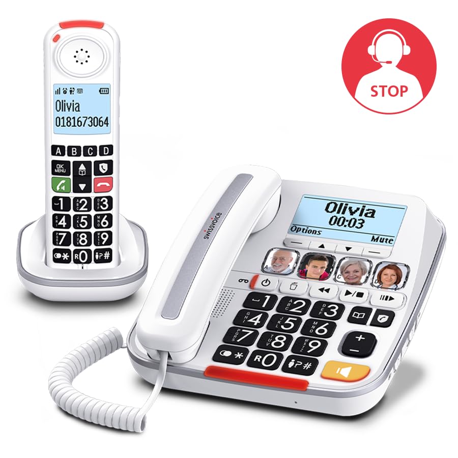 SWISSVOICE 3355 DECT 6.0 Corded Big Button Phone for Elderly with Answering Machine and Additional Cordless Handset - Loud Phones for Hard of Hearing - Hearing Aid Compatible Phones