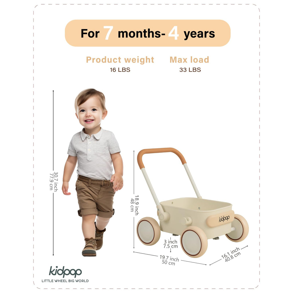Kidpop PULA 2-in-1 Push and Pull-Along Wagon, Baby Push Walker for First Learner from 7 Month to 4 Year, One Year Birthday Gifts, Sturdy and Safe, Indoors and Outdoors (White)