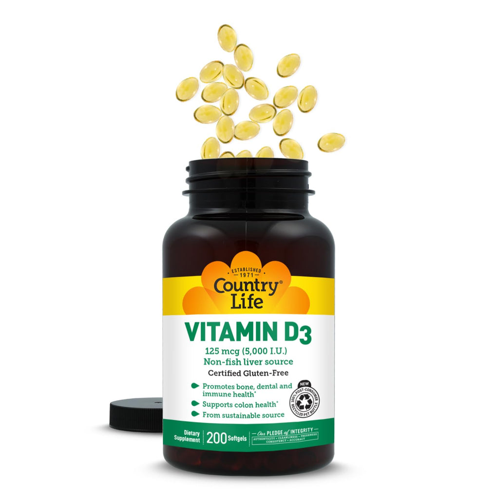 Country Life Vitamin D3 5000 IU for Immune and Bone Health, Calcium Absorption, and Colon Health - Sustainable Source from Lanolin, Available in Various Strengths