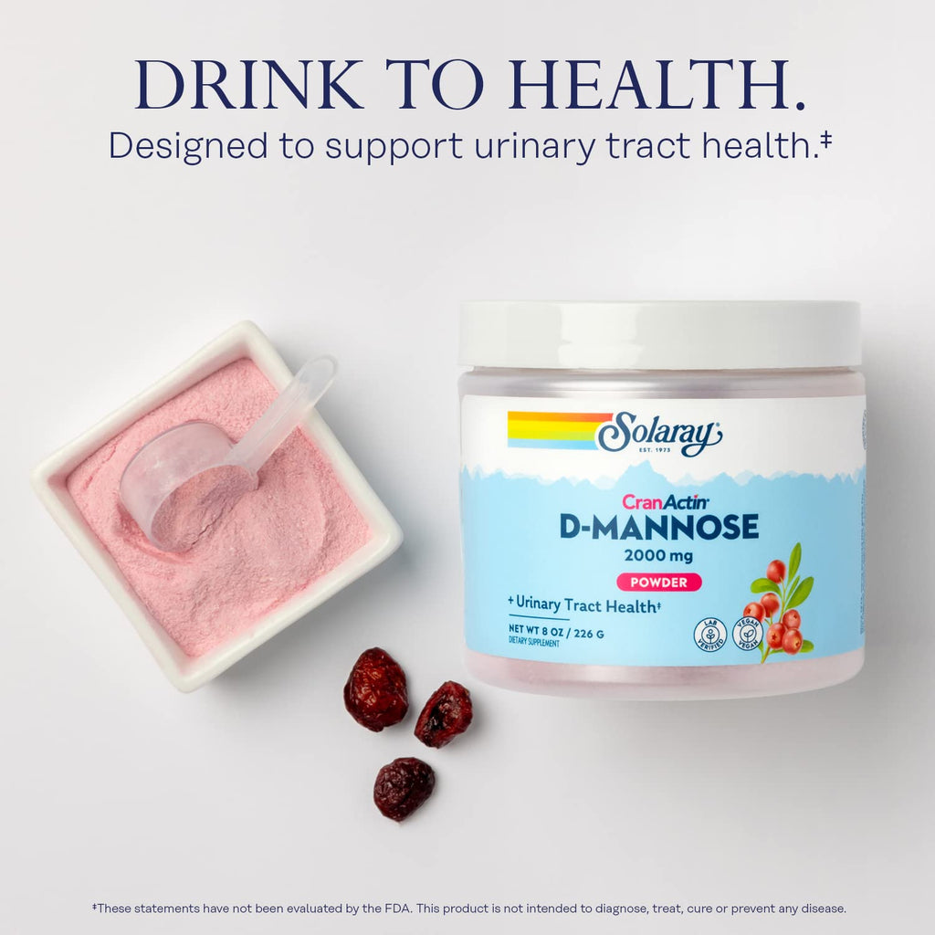 SOLARAY D-Mannose with CranActin Cranberry AF Extract Powder, 2000 mg, 400 mg of Cranberry Extract, Healthy Urinary Tract Support, Organic Natural Flavors, 30 Servings, 8 oz