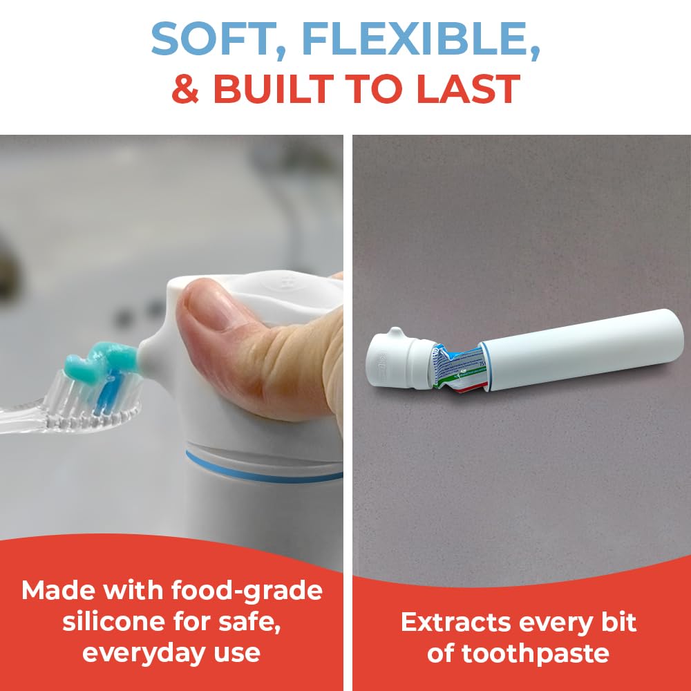 SqueezMe EasyPump Toothpaste Dispenser System - No-Mess Toothpaste Dispenser for Kids, Adults, Families - Hygienic Design & Easy One-Hand Use - Organizers & Accessories for Bathroom - Universal Fit