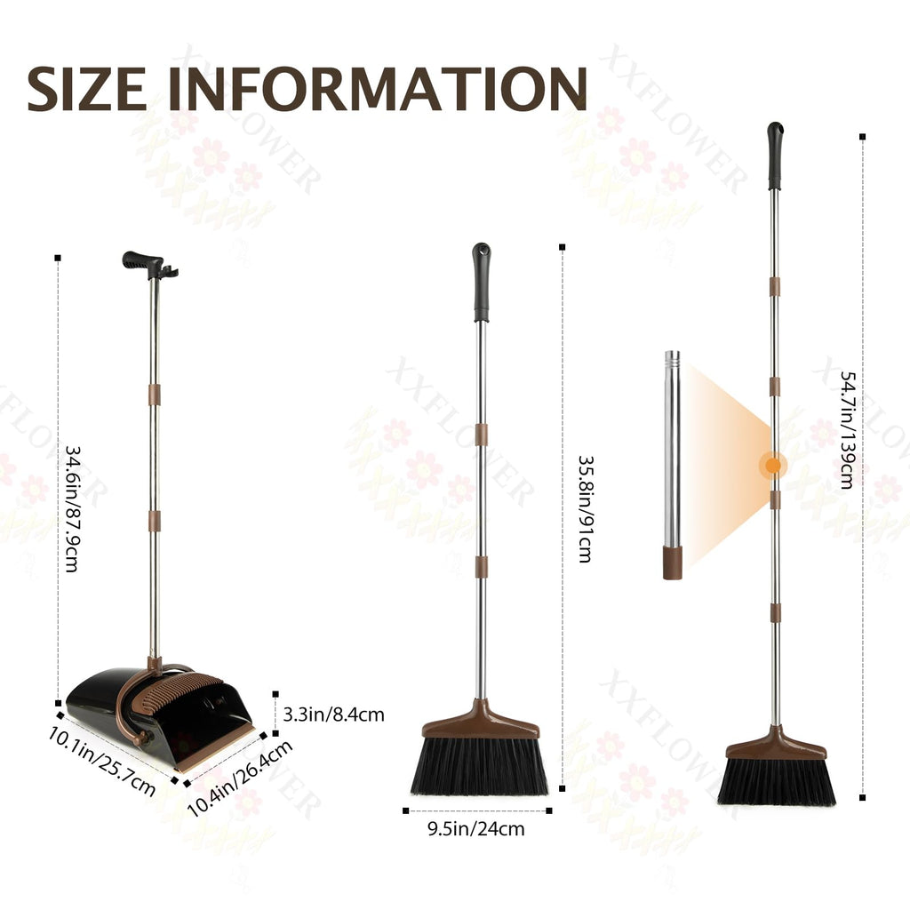 XXFLOWER Broom and Dustpan Set with Long Handle, Light Weight Stainless Steel Poles Stand Upright Dustpans with Broom Combo for Home Kitchen Office Pet Dog Hair, 1-Pack (Black Brown)