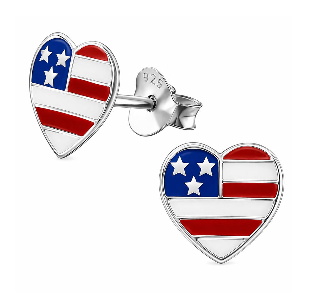 925 Sterling Silver American Flag Stud Earrings USA Patriotic 4th of July Independence Day Tiny Ear Stackable Jewelry Jewelry (Heart)
