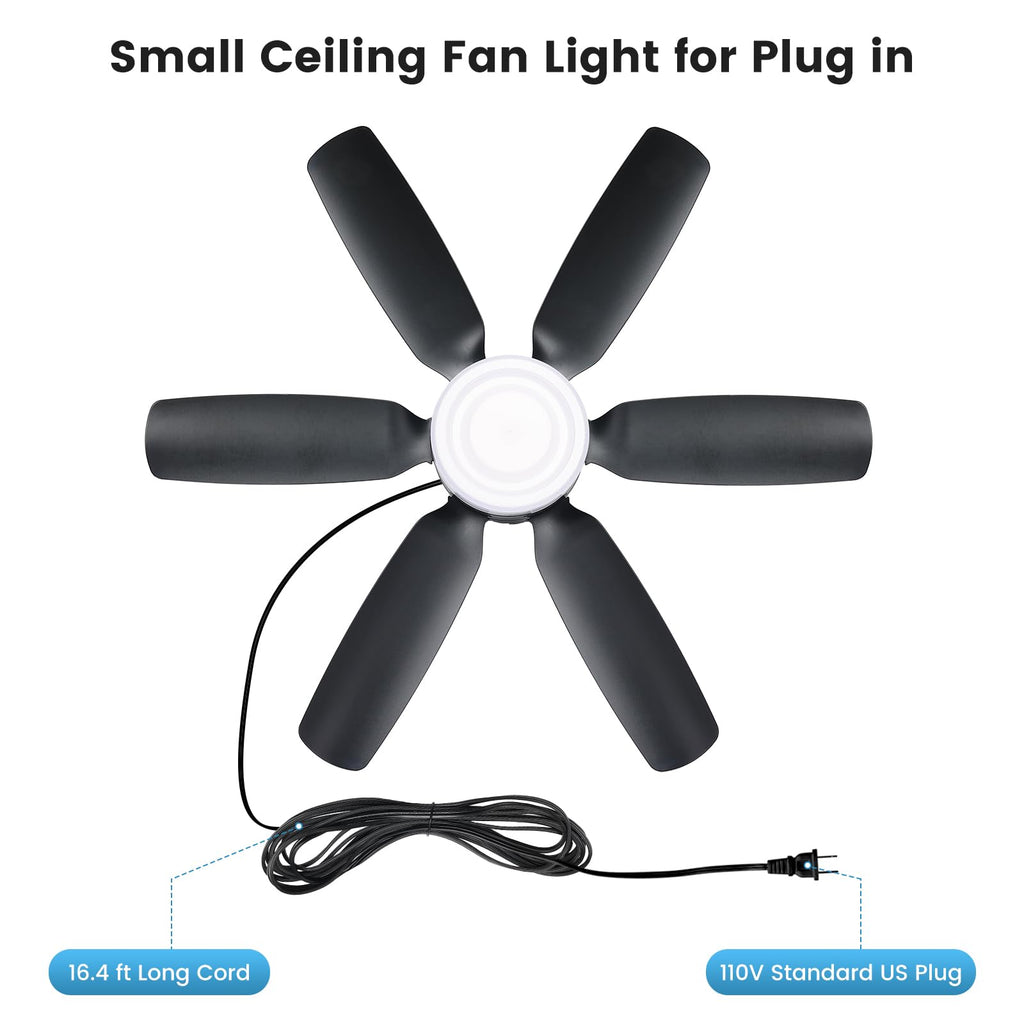 Fanspex 20.5'' Plug in Ceiling Fan with Light for Gazebo Patio Canopy Tent Porch RV, 5 Fan Speeds with Adjust Lighting & Remote Control (Black)